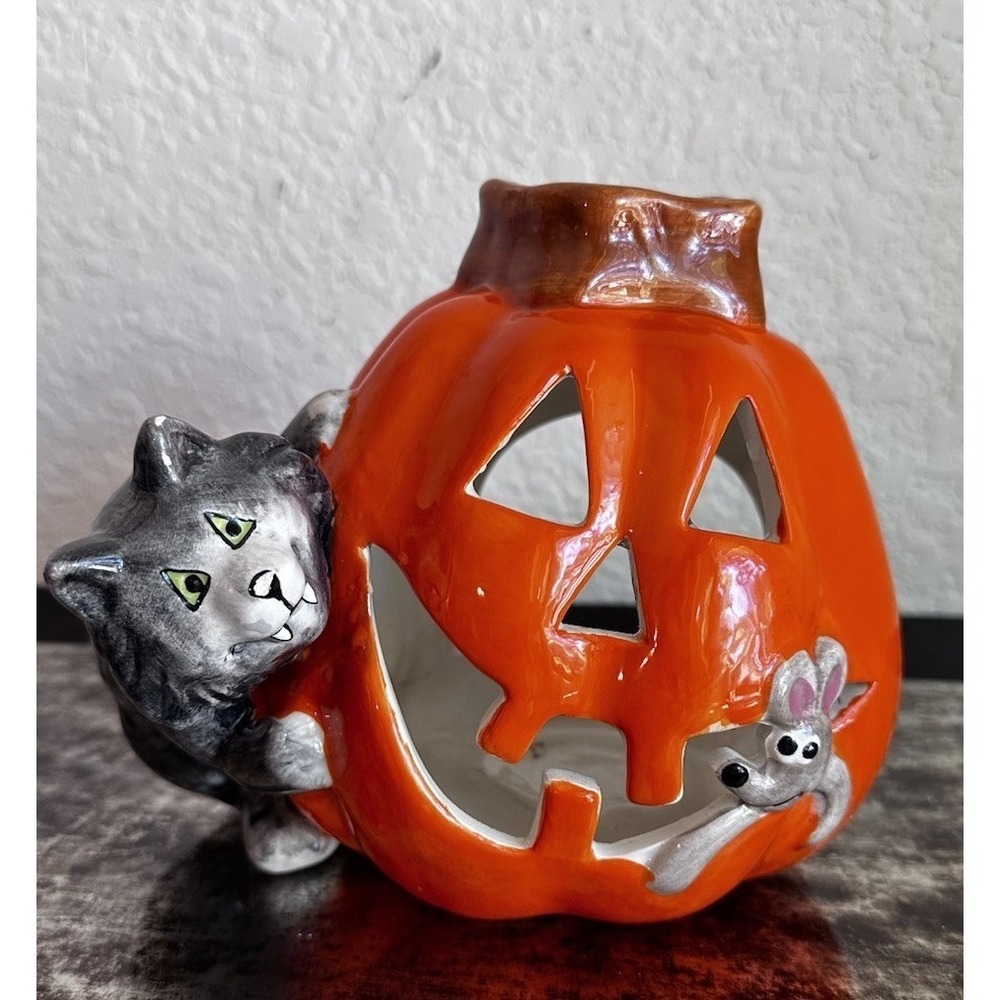 Halloween Ceramic Pumpkin Black Cat Candle Holder Fall Home Decoration 6.5" Tall